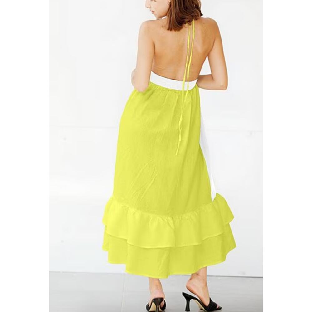 Fanm Mon Yamile Floral Embroidered Halter Linen Midi Dress | S, Yellow NWT $269 - Picture 6 of 8